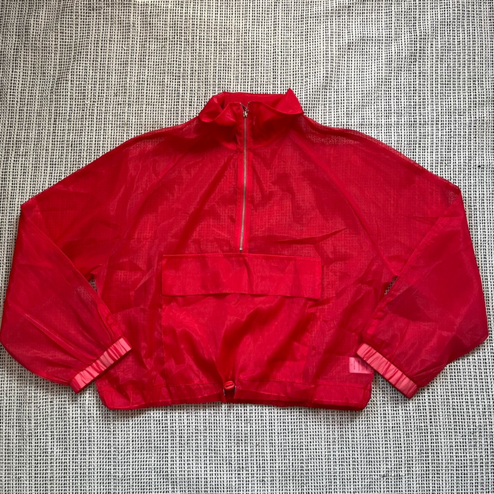 LOVE J Vibrant Cherry Red Sheer Top with 3/4 Zip Drawstring Waist Large Pocket